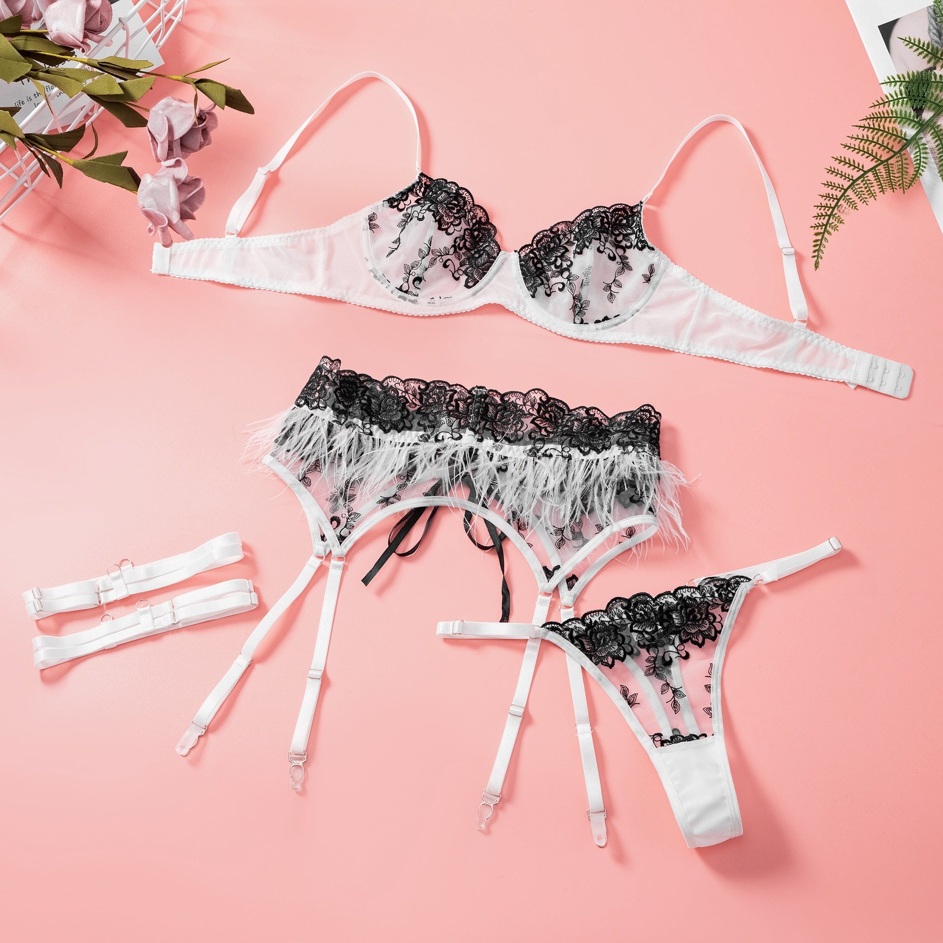 Embroidered sexy bra and erotic lingerie set black floral feather lingerie eprolo
