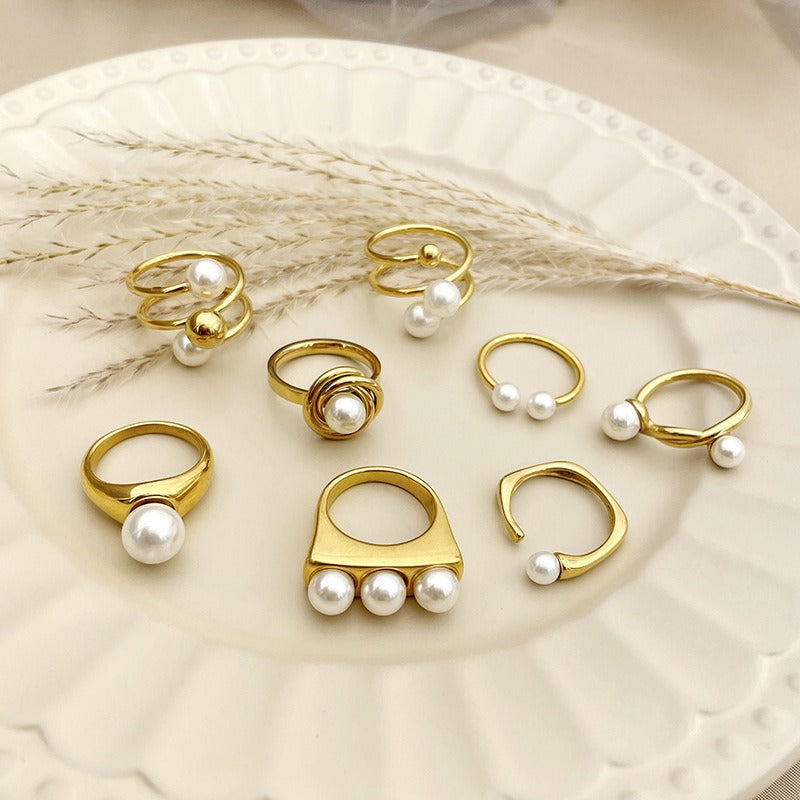 Stainless steel women's niche cold and personalized fashion retro pearl ring eprolo