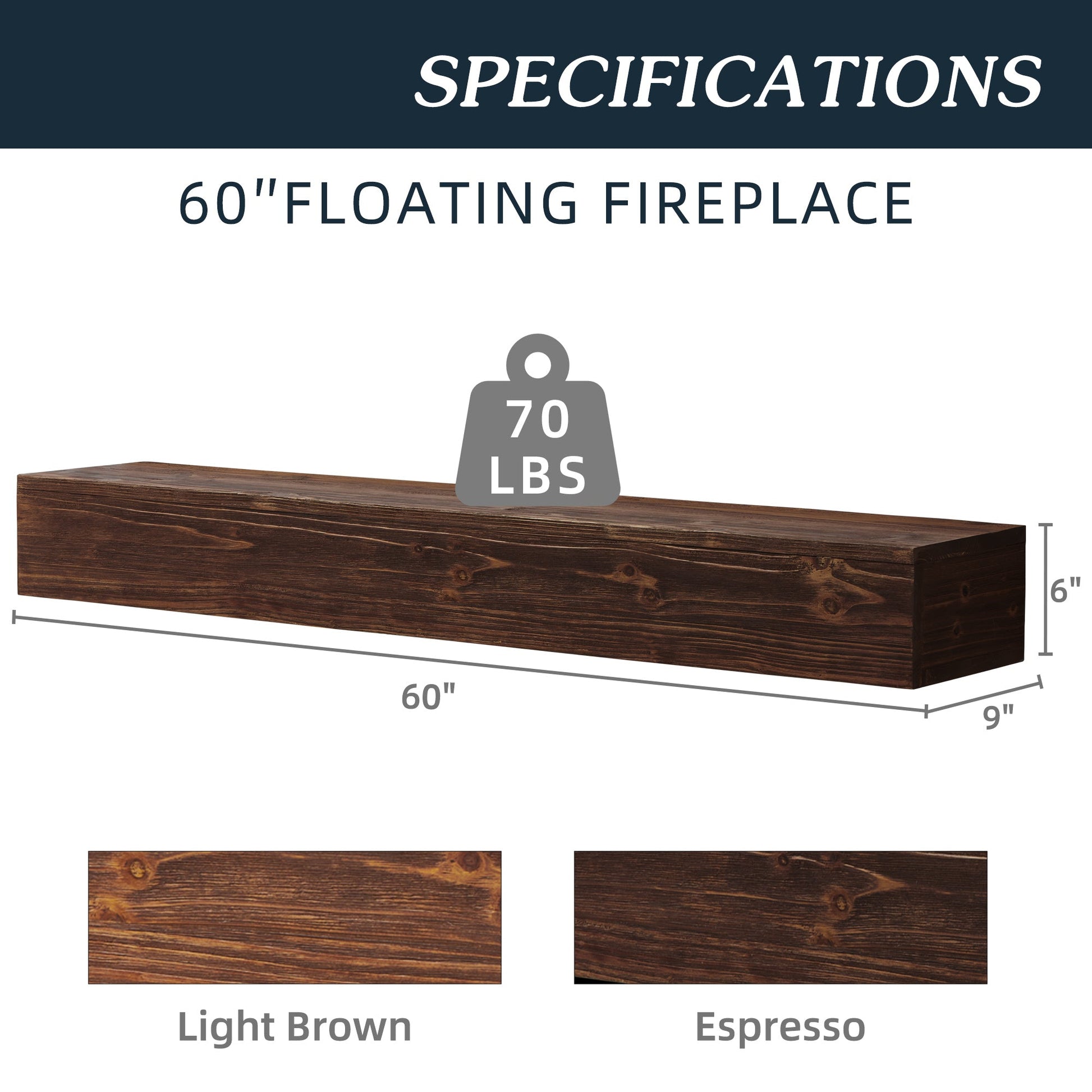 60" Rustic Wood Fireplace Mantel,Wall-Mounted & Floating Shelf for Home Decor Espresso + Solid Wood eprolo