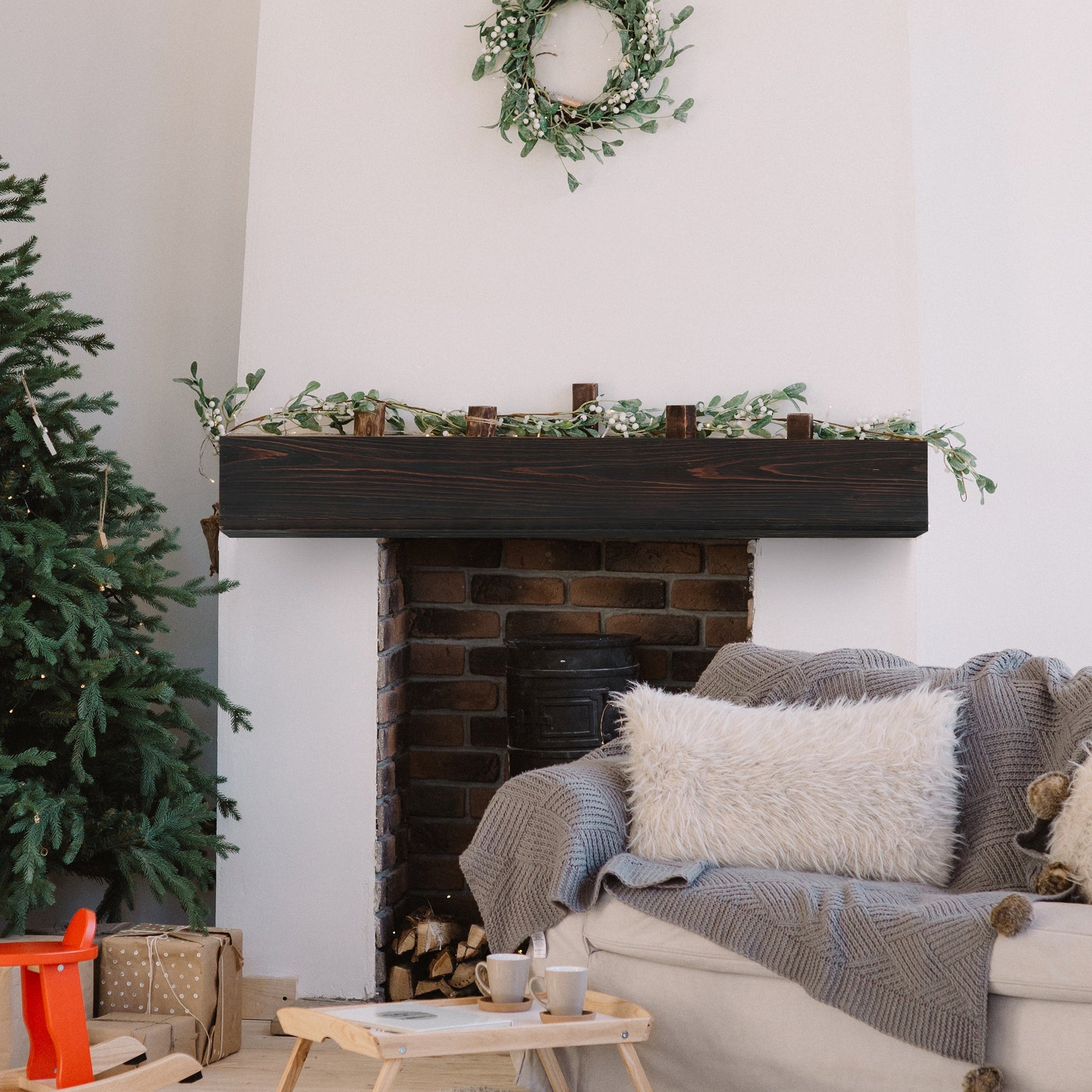 60" Rustic Wood Fireplace Mantel,Wall-Mounted & Floating Shelf for Home Decor Espresso + Solid Wood eprolo