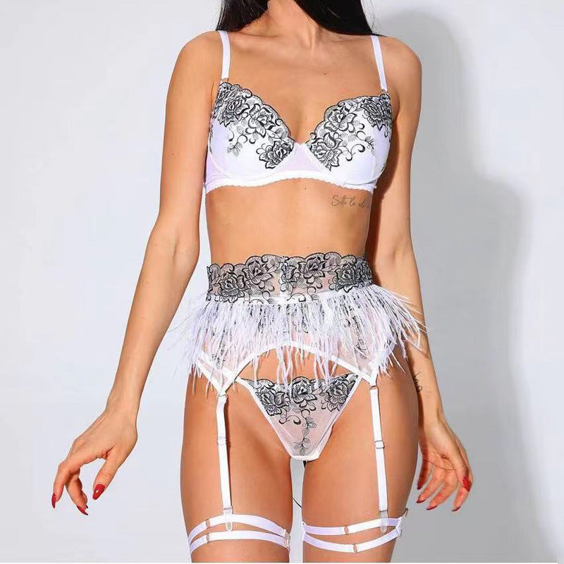 Embroidered sexy bra and erotic lingerie set black floral feather lingerie eprolo