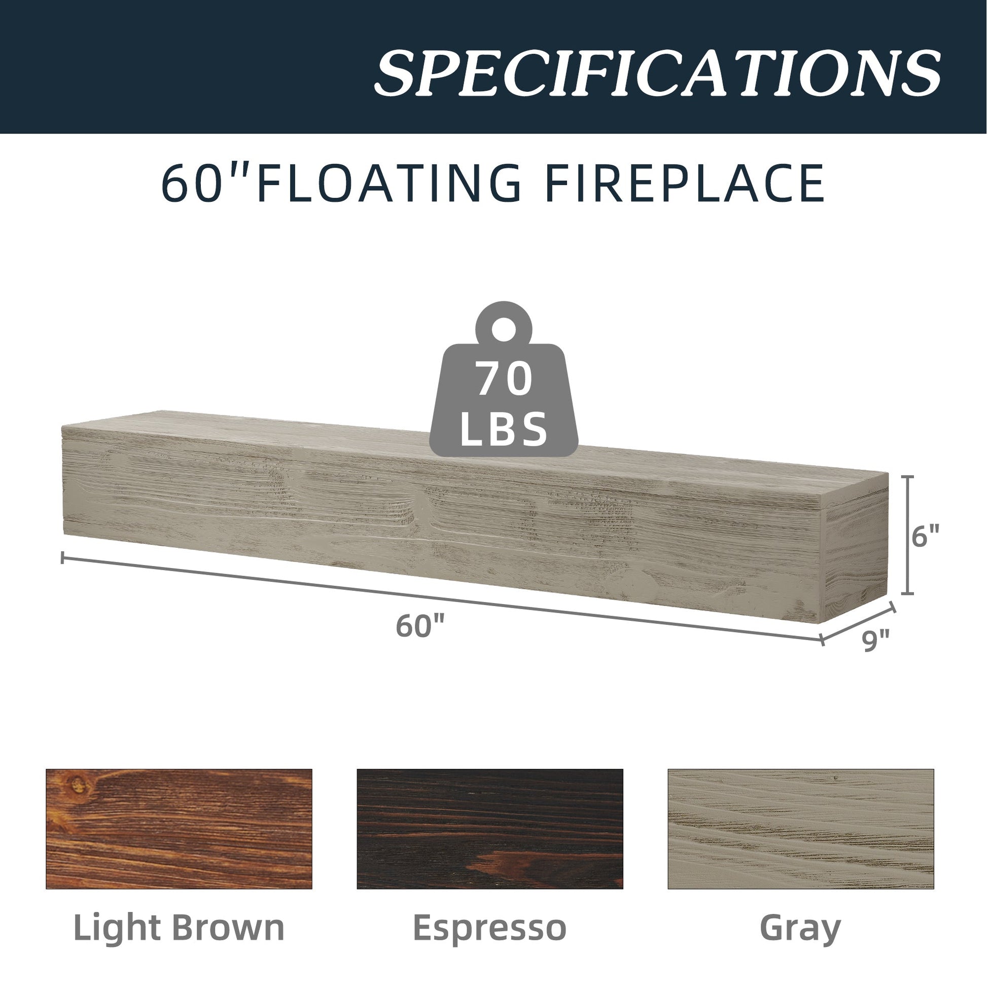 60" Rustic Wood Fireplace Mantel,Wall-Mounted & Floating Shelf for Home Decor grey eprolo